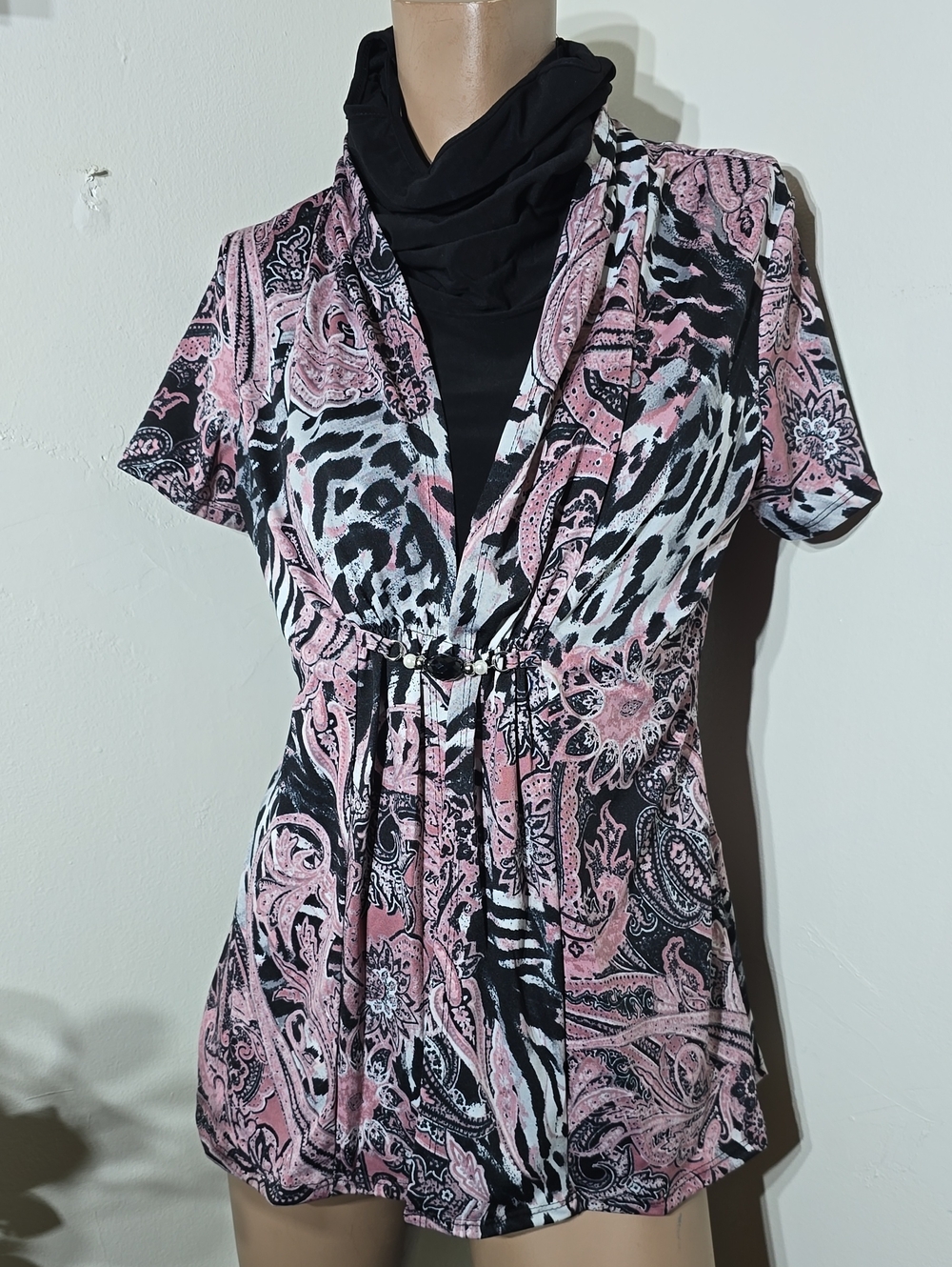 NY Collection Pink & Black Paisley Animal Print Drawstring Pullover Blouse NWT
